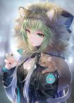  1girl animal_ears animal_on_shoulder atalanta_(fate) bangs black_jacket black_nails black_shirt blonde_hair blush breasts cat_ears cat_on_shoulder cleavage dated fate/apocrypha fate_(series) gradient_hair green_eyes green_hair green_nails hand_up hood hooded_jacket jacket long_hair looking_at_viewer miyuki_ruria multicolored_hair open_mouth shirt solo twitter_username two-tone_hair 