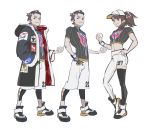  1boy 1girl adapted_costume asymmetrical_legwear asymmetrical_pants baseball_cap brown_eyes brown_hair cosplay dande_(pokemon) dande_(pokemon)_(cosplay) full_body hair_slicked_back hand_on_hip hat legwear_under_shorts masaru_(pokemon) midriff older pantyhose pokemon pokemon_(game) pokemon_swsh shoes shorts sneakers white_shorts yuuri_(pokemon) 