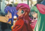  /\/\/\ 3girls aqua_eyes blue_eyes blue_hair blurry blurry_background double_scoop earrings food green_hair hat holding holding_food ice_cream ice_cream_cone jacket jewelry kimura_takahiro lilia_milcrabe long_hair looking_at_viewer multiple_girls official_art open_mouth outstretched_arm photo_background pink_hair profile raika_grace red_jacket seela_mcclegg short_hair upper_body viper viper_f40 waffle_cone wristband 