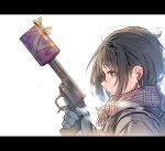  1girl backpack bag black_hair brown_eyes daito earbuds earphones from_side gift gloves ground gun handgun holding holding_gun holding_weapon letterboxed mole mole_under_eye original pistol plaid plaid_scarf portrait scarf serious solo trigger_discipline valentine weapon white_background 