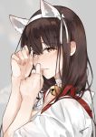  1girl akagi_(kantai_collection) animal_ears bell bell_choker blush brown_eyes brown_hair cat_ears choker closed_mouth commentary_request covering_face eyebrows_visible_through_hair fake_animal_ears hairband hands_on_own_face hands_up japanese_clothes jingle_bell kantai_collection long_hair looking_at_viewer nello_(luminous_darkness) simple_background solo upper_body 