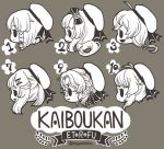  6+girls bangs bow braid chibi etorofu_(kantai_collection) eyebrows_visible_through_hair fang freckles fukae_(kantai_collection) glasses greyscale hair_ornament hairclip hat hirato_(kantai_collection) kantai_collection long_hair makora_higa matsuwa_(kantai_collection) monochrome multiple_girls open_mouth profile ribbon sado_(kantai_collection) sailor_hat short_hair sidelocks simple_background skin_fang smile tsushima_(kantai_collection) twitter_username 