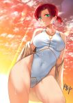  1girl aqua_eyes bangs bare_shoulders blush boudica_(fate/grand_order) breasts closed_mouth collarbone covered_navel earrings fate/grand_order fate_(series) highleg highleg_swimsuit highres jewelry kisaragi_(legobionicle23) large_breasts looking_at_viewer off_shoulder one-piece_swimsuit orange_sky red_hair short_hair short_ponytail sky smile solo sunset swimsuit thighs wet 