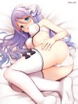  1girl :d ass bangs bare_arms bare_shoulders bed_sheet black_bow blue_eyes blush bow bra breasts commentary_request eyebrows_visible_through_hair hair_between_eyes hair_ribbon hairband hoshino_shizuru long_hair looking_at_viewer lying mauve medium_breasts no_shoes on_side open_mouth panties princess_connect! princess_connect!_re:dive purple_hair ribbon smile soles solo thighhighs underwear underwear_only very_long_hair white_bra white_hairband white_legwear white_panties white_ribbon 