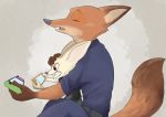  2019 anthro brown_body brown_fur canid canine disney duo eyes_closed fennec finnick fox fur gaming hi_res mammal nick_wilde piberius_w playing_videogame red_fox side_view tan_body tan_fur teeth zootopia 