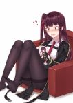  !? 1girl absurdres bangs black_legwear blunt_bangs blush coffeedog collared_shirt doujinshi eyebrows_visible_through_hair girls_frontline hair_ribbon highres jacket knees_up long_hair manga_(object) necktie one_side_up open_clothes open_jacket open_mouth pantyhose purple_hair purple_ribbon reading red_eyes red_neckwear ribbon shirt sidelocks simple_background sitting soles solo tears thighband_pantyhose thighs wa2000_(girls_frontline) white_background white_shirt 
