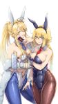  2girls ahoge animal_ears arm_under_breasts artoria_pendragon_(all) artoria_pendragon_(swimsuit_ruler)_(fate) bangs bare_shoulders black_leotard blonde_hair blue_eyes blue_legwear blue_neckwear blush braid breasts brown_legwear bunny_ears bunny_girl bunnysuit card cleavage cocktail_glass covered_navel cup detached_collar drinking_glass fate/apocrypha fate/grand_order fate_(series) feather_boa fishnet_legwear fishnets french_braid green_eyes highleg highleg_leotard highres jeanne_d&#039;arc_(fate) jeanne_d&#039;arc_(fate)_(all) large_breasts leotard long_hair looking_at_viewer multiple_girls navel navel_cutout necktie parted_lips playing_card ponytail red_neckwear renkon_(s36tereste) sidelocks simple_background smile thighs tiara tray white_background white_leotard wrist_cuffs 