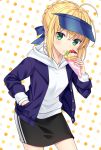  1girl ahoge artoria_pendragon_(all) black_skirt blonde_hair blue_headwear blue_jacket blue_ribbon blush braid breasts commentary_request dress eyebrows_visible_through_hair fate/stay_night fate_(series) food fruit green_eyes hair_ribbon highres holding hood hood_down jacket kiwi_slice long_sleeves looking_at_viewer medium_breasts pencil_skirt ribbon saber shino_skk skirt solo strawberry visor_cap white_hoodie 