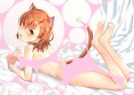  1girl animal_ear_fluff animal_ears bangs barefoot bed_sheet blush brown_eyes brown_hair bubble_filter cat_ears cat_girl cat_tail commentary_request ear_blush eyebrows_visible_through_hair full_body hair_between_eyes kemonomimi_mode legs_up looking_at_viewer looking_to_the_side lying misaka_mikoto nose_blush nude on_stomach open_mouth raika9 revealing_cutout shirt shirt_removed solo tail to_aru_kagaku_no_railgun to_aru_majutsu_no_index twitter_username white_shirt 