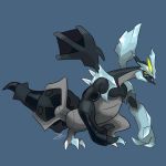  black_kyurem blue_background claws commentary creature english_commentary full_body gen_5_pokemon highres kyurem no_humans pokemon pokemon_(creature) sharp_teeth signature simple_background solo standing teeth white_eyes yellow_sclera zeefster 