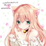  1girl animal_ear_fluff animal_ears bangs bare_shoulders bell bell_choker black_choker blush cat_day cat_ears choker collarbone commentary_request eyebrows_visible_through_hair green_eyes hair_between_eyes hands_up jingle_bell light_brown_hair long_hair long_sleeves looking_at_viewer nanase_nao off-shoulder_sweater off_shoulder original parted_lips paw_pose sleeves_past_wrists solo star starry_background sweater translation_request twitter_username upper_body white_background white_sweater 