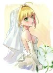  1girl blonde_hair breasts commentary_request dress fate/grand_order fate_(series) green_eyes highres looking_at_viewer nero_claudius_(fate) nero_claudius_(fate)_(all) open_mouth short_hair solo torimahera 