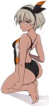  1girl aiuchi ass black_hairband black_swimsuit competition_swimsuit dark_skin from_behind full_body grey_eyes grey_hair hairband looking_at_viewer one-piece_swimsuit pokemon pokemon_(game) pokemon_swsh saitou_(pokemon) short_hair simple_background smile solo swimsuit white_background 