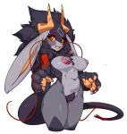  2019 absurd_res anthro big_ears big_hands breasts dragon female fur furred_dragon genitals hair hi_res horn long_whiskers navel nipple_piercing nipples nude piercing pussy red_eyes simple_background slugbox solo whiskers white_background yellow_sclera 