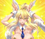  1girl ahoge animal_ears armpits artoria_pendragon_(all) artoria_pendragon_(swimsuit_ruler)_(fate) bangs bare_shoulders blonde_hair blue_neckwear blush breasts bunny_ears bunny_pose bunnysuit cleavage closed_mouth collarbone detached_collar emotional_engine_-_full_drive f.w.zholic fate/grand_order fate_(series) feather_boa green_eyes hair_between_eyes hands_up highres large_breasts leotard long_hair looking_at_viewer necktie parody ponytail sei_shounagon_(fate) solo sparkle white_leotard wrist_cuffs yellow_background 