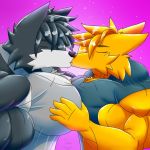  1:1 anthro big_muscles black_body black_fur brother brothers canid canine duo fennec fox fur hi_res hug huge_muscles incest kissing male male/male mammal muscular muscular_male sibling taiko-sihori yellow_body yellow_fur 