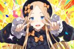  1girl abigail_williams_(fate/grand_order) bangs black_bow black_dress black_headwear blonde_hair blue_eyes blush bow breasts double_v dress emotional_engine_-_full_drive fate/grand_order fate_(series) forehead hair_bow hews_hack long_hair long_sleeves looking_at_viewer multiple_bows open_mouth orange_bow parted_bangs polka_dot polka_dot_bow smile solo v 