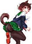  1girl animal_ears ass black_legwear blue_jacket brown_hair cat_ears cat_tail commentary_request from_behind gradient_hair green_sailor_collar green_skirt highres hood hooded_jacket hoodie jacket kantai_collection knck looking_at_viewer multicolored_hair mutsuki_(kantai_collection) open_mouth panties panties_under_pantyhose pantyhose paper red_hair remodel_(kantai_collection) round_teeth sailor_collar school_uniform serafuku short_hair simple_background skirt solo standing standing_on_one_leg tail teeth thighband_pantyhose underwear upper_teeth white_background white_panties 