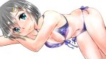  1girl bikini blue_bikini blue_eyes breasts cleavage clothes_removed commentary_request cowboy_shot grey_hair hair_ornament hairclip hamakaze_(kantai_collection) highres kantai_collection kentap large_breasts lying on_side short_hair side-tie_bikini silver_hair simple_background smile solo swimsuit white_background 