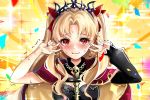  1girl asymmetrical_sleeves bangs between_breasts black_leotard black_nails blonde_hair blush bow breasts cape chiachun0621 closed_mouth confetti detached_collar double_v earrings egasumi emotional_engine_-_full_drive ereshkigal_(fate/grand_order) fate/grand_order fate_(series) gold_trim hair_bow hands_up hood hood_down hooded_cape hoop_earrings infinity jewelry leotard long_hair long_sleeves looking_at_viewer medium_breasts necklace parody parted_bangs red_bow red_cape red_eyes sei_shounagon_(fate) single_sleeve skull smile solo sparkle spine tiara trembling two_side_up v wavy_mouth yellow_neckwear 