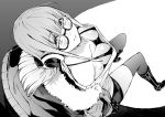  1girl azukiko behind-the-head_headphones black-framed_eyewear blush bra breasts closed_mouth fur-trimmed_jacket fur_trim glasses headphones jacket long_hair looking_at_viewer monochrome off_shoulder persona persona_5 sakura_futaba shorts simple_background solo thighhighs underwear 