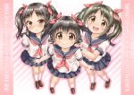  3girls :d :o akagi_miria bangs black_hair blue_sailor_collar blue_skirt blush brown_eyes brown_footwear character_name collarbone commentary_request eyebrows_visible_through_hair hair_between_eyes hair_ribbon hands_on_another&#039;s_shoulders idolmaster idolmaster_cinderella_girls imai_kana kneehighs loafers multiple_girls neckerchief open_mouth parted_bangs parted_lips pleated_skirt red_neckwear red_ribbon regular_mow ribbon round_teeth sailor_collar school_uniform serafuku shirt shoes short_sleeves skirt smile standing tachibana_arisu teeth twintails two_side_up upper_teeth white_legwear white_shirt 