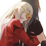  2girls back back_cutout backlighting byleth_(fire_emblem) byleth_(fire_emblem)_(female) closed_eyes edelgard_von_hresvelg eyebrows_visible_through_hair eyes_visible_through_hair fire_emblem fire_emblem:_three_houses gloves green_hair hair_down hug hug_from_behind kisetsu leaning_on_person long_hair multiple_girls red_gloves simple_background tiara upper_body very_long_hair yuri 