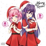  2girls :3 :d :o alternate_costume arm_under_breasts artist_name bangs belt blush breasts capelet cleavage commentary doki_doki_literature_club english_commentary eyebrows_visible_through_hair fur_trim hair_between_eyes hair_ornament hairclip hat large_breasts long_hair looking_at_viewer madmoshie merry_christmas multiple_girls natsuki_(doki_doki_literature_club) open_mouth pink_eyes pink_hair polka_dot polka_dot_background pom_pom_(clothes) purple_eyes purple_hair santa_costume santa_hat short_hair simple_background small_breasts smile swept_bangs very_long_hair wristband yuri_(doki_doki_literature_club) 