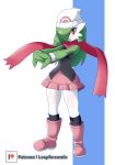  2019 3_fingers absurd_res alternate_species beanie blush boots clothed clothing dawn_(pok&eacute;mon) dress eyelashes female fingers footwear gardevoir green_body green_hair green_skin hair hat headgear headwear hi_res humanoid long_hair looking_at_viewer lucyfercomic nintendo not_furry open_mouth open_smile patreon pok&eacute;mon pok&eacute;mon_(species) red_eyes scarf simple_background smile solo standing video_games white_body white_skin 