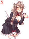  1girl absurdres alternate_costume animal_ears artist_logo black_dress breasts brown_eyes cat_ears cat_tail chestnut_mouth cleavage cleavage_cutout commentary_request cowboy_shot dated dress grey_hair highres kanon_(kurogane_knights) kantai_collection large_breasts looking_at_viewer paw_pose pola_(kantai_collection) simple_background solo tail thick_eyebrows wavy_hair white_background 