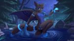  16:9 anthro black_body black_fur black_nose blue_eyes detailed_background discordthege dragon fur hi_res male night outside partially_submerged smile solo 