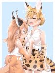  2girls absurdres amemiya_neru animal_ear_fluff animal_ears bare_shoulders belt blonde_hair blue_background bow bowtie bowtie_removed caracal_(kemono_friends) caracal_ears closed_eyes dressing_another elbow_gloves extra_ears fangs gloves hair_tie_in_mouth highres kemono_friends long_hair messy_hair mouth_hold multiple_girls open_mouth orange_hair orange_skirt outline print_gloves print_neckwear print_skirt serval_(kemono_friends) serval_ears serval_print serval_tail shirt short_hair skirt sleepy sleeveless sleeveless_shirt tail tears teeth waist_bow white_background white_outline white_shirt yawning 