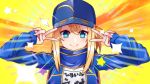  1girl absurdres ahoge artoria_pendragon_(all) bangs baseball_cap blonde_hair blue_eyes blue_jacket blue_scarf blush breasts closed_mouth double_v emotional_engine_-_full_drive fate/grand_order fate_(series) hair_between_eyes hair_through_headwear hands_up hat highres inarin_(user_tgfg4783) jacket light_rays long_hair long_sleeves looking_at_viewer mysterious_heroine_x name_tag open_clothes open_jacket parody ponytail rojiura_satsuki:_chapter_heroine_sanctuary scarf sei_shounagon_(fate) shirt sidelocks small_breasts smile solo sparkle star track_jacket v white_shirt 