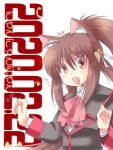 1girl animal_ears artist_name ascot brown_hair cat_day cat_ears commentary_request dated little_busters! long_hair looking_at_viewer natsume_rin open_mouth ponytail red_eyes red_neckwear school_uniform scp solo white_background 