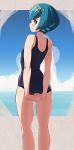  1girl absurdres arms_behind_back ass back bangs blue_eyes blue_hair blue_swimsuit blush breasts cloud eyebrows_visible_through_hair from_behind hairband highres huge_filesize looking_at_viewer looking_back melonyogurt ocean one-piece_swimsuit pokemon pokemon_(game) pokemon_sm school_swimsuit short_hair small_breasts smile solo suiren_(pokemon) swimsuit 