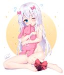  1girl artist_name barefoot blue_eyes blush bow eromanga_sensei fang gift hair_bow highres holding holding_stuffed_animal izumi_sagiri long_hair looking_at_viewer nomier nude one_eye_closed open_mouth pink_bow solo stuffed_animal stuffed_bunny stuffed_toy valentine white_hair 