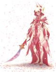  1girl armor arms_at_sides brown_hair cherry_blossoms contrapposto full_body fur_trim highres hood hood_up light_oooo looking_at_viewer mizutsune_(armor) monster_hunter naginata nail_polish petals polearm solo weapon 
