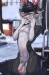  2019 aki_the_reindeer anthro antlers ball_blush balls blue_eyes blush capreoline cervid crotch_tuft detailed_background fan_character flaccid foreskin front_view genitals hi_res horn humanoid_genitalia humanoid_penis looking_at_self male mammal navel nude open_mouth outside penis reindeer shaking shivering snow solo standing teeth text thick_thighs tongue tuft uncut url water zackary911 