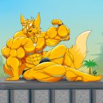  1:1 anthro big_muscles bulge canid canine clothing fennec flexing fox fur hi_res huge_muscles jewelry male mammal muscular muscular_male necklace pedestal sitting solo speedo swimwear taiko-sihori yellow_body yellow_fur 