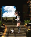  1girl 1other annin_musou black_legwear blue_sky brown_hair brown_sailor_collar brown_skirt cat cloud commentary_request day grey_footwear kantai_collection kneehighs outdoors ponytail railroad_crossing railroad_signal railroad_tracks sailor_collar scenery school_uniform serafuku shikinami_(kantai_collection) short_hair short_ponytail sign skirt sky smile tunnel 