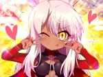  1girl absurdres bangs blush breastplate breasts capelet chloe_von_einzbern closed_mouth dark_skin double_v emotional_engine_-_full_drive eyelashes fate/grand_order fate/kaleid_liner_prisma_illya fate_(series) hair_between_eyes half_updo hands_up heart highres long_hair long_sleeves looking_at_viewer one_eye_closed parody pink_hair red_capelet sei_shounagon_(fate) shimejinameko shrug_(clothing) sidelocks small_breasts smile solo sparkle star tongue tongue_out v yellow_background yellow_eyes 