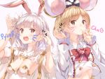  2girls alternate_costume animal_ears blonde_hair breasts bunny_ears cosplay costume_switch djeeta_(granblue_fantasy) ear fake_animal_ears granblue_fantasy hairband highres mouse_ears multiple_girls open_mouth sage_(granblue_fantasy) short_hair small_breasts ukiwakisen upper_body vikala_(granblue_fantasy) whisker_markings white_hair 