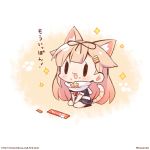  1girl animal_ears artist_name between_legs black_serafuku blonde_hair cat_ears cat_tail chibi commentary_request fang hair_flaps hair_ornament hair_ribbon hairclip hand_between_legs kantai_collection long_hair looking_at_viewer momoniku_(taretare-13) open_mouth remodel_(kantai_collection) ribbon scarf school_uniform serafuku simple_background sitting skin_fang solo sparkle tail translation_request wariza white_background yuudachi_(kantai_collection) |_| 