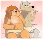  2011 anthro belly black_nose blush canid canine canis dote duo english_text felid humanoid_hands lion male mammal moobs navel nipples overweight overweight_male pantherine sitting smoking text towel wolf 