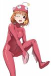  1girl a1 anglerfish_costume bodysuit braid clover_hair_ornament cosplay fish_costume fish_hat girls_und_panzer hair_ornament looking_at_viewer love_live! love_live!_sunshine!! one_eye_closed open_mouth orange_hair pink_bodysuit red_eyes ribbon round_teeth short_hair side_braid simple_background solo standing standing_on_one_leg takami_chika teeth upper_teeth white_background yellow_ribbon 