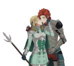  1boy 1girl armor bangs blonde_hair blue_gloves blush braid breastplate capelet closed_eyes couple cowboy_shot dress fire_emblem fire_emblem:_three_houses gauntlets gloves green_dress hair_ribbon hand_on_another&#039;s_face hetero highres imminent_kiss ingrid_brandl_galatea orange_eyes parted_bangs polearm red_hair ribbon short_dress short_hair simple_background sophie_(693432) spear standing sylvain_jose_gautier weapon white_background 