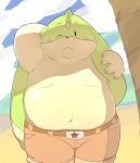  2012 anthro belly blush bottomwear clothing digimon digimon_(species) dote gargomon humanoid_hands male navel outside overweight overweight_male shorts solo 