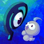  :o black_eyes blue_background castform commentary creature english_commentary eye_contact floating full_body gen_2_pokemon gen_3_pokemon gradient gradient_background highres looking_at_another mopomoko no_humans pokemon pokemon_(creature) single_eye unown 