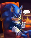  2019 anthro beverage black_nose blue_body blue_clothing clothed clothing english_text eulipotyphlan fireplace gloves green_eyes handwear hedgehog hi_res mammal open_mouth sitting soina solo sonic_the_hedgehog sonic_the_hedgehog_(series) speech_bubble teeth text tongue white_clothing white_gloves 