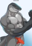 2020 absurd_res anthro biceps bulge clothed clothing fish genital_outline grey_body hi_res looking_at_viewer male marine muscular muscular_male penis_outline shark shiuk simple_background solo text topless url vein 